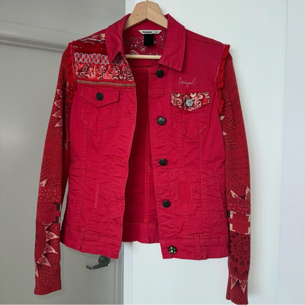 Desigual Red Embroidered Jean Jacket